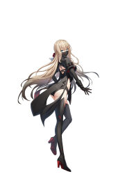 Rule 34 | 1girl, ass, black boots, black shirt, black shorts, black thighhighs, blonde hair, blue eyes, boots, braid, breasts, closers, crop top, from behind, full body, gradient hair, harpy (closers), high collar, high heel boots, high heels, highres, large breasts, long hair, looking at viewer, looking back, mask, micro shorts, midriff, mouth mask, multicolored hair, official art, shirt, shorts, simple background, solo, standing, standing on one leg, thigh boots, thighhighs, thighs, very long hair, waist cape, white background