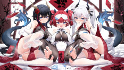 Rule 34 | 3girls, absurdres, bare shoulders, between toes, black hair, black nails, black panties, blue eyes, blush, breasts, cameltoe, china dress, chinese clothes, closed mouth, clothes lift, commentary request, covered navel, dress, dress lift, elbow gloves, fang, feet, full body, gloves, hair ornament, highres, horns, k.t.cube, large breasts, leg up, legs up, lifting own clothes, long hair, looking at viewer, mask, mask on head, multiple girls, nail polish, no shoes, open mouth, original, panties, pantyhose, pelvic curtain, red dress, red hair, see-through clothes, see-through panties, short hair, sidelocks, sitting, skin fang, smile, soles, spread legs, spread toes, steam, steaming body, stirrup legwear, tail, thighhighs, toeless legwear, toenail polish, toenails, toes, twintails, underwear, white dress, white gloves, white hair, white panties, white thighhighs