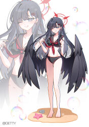 1girl absurdres angel_wings bare_legs bare_shoulders barefoot bikini black_hair black_sailor_collar black_serafuku black_wings blue_archive breasts getty-gy halo highres ichika_(blue_archive) large_breasts looking_at_viewer navel neckerchief red_eyes red_halo red_neckerchief sailor_collar school_uniform serafuku swimsuit thighs wings