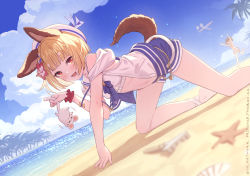 2girls all_fours animal_ears beach beret bikini blonde_hair blue_sky blush braid breasts day dog_ears dog_tail erune flower granblue_fantasy hair_flower hair_ornament hat hibiscus highres jacket looking_at_viewer mouse_(animal) multiple_girls navel open_mouth outdoors palm_tree red_eyes red_flower short_hair sky small_breasts smile swimsuit tail tree vajra_(granblue_fantasy) vikala_(granblue_fantasy) water white_bikini white_headwear white_jacket yellowpaint.