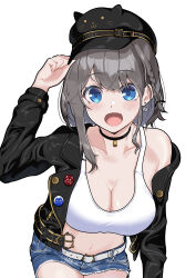 Rule 34 | 1girl, :d, absurdres, black choker, black hat, black jacket, blue eyes, blue shorts, blush, braid, breasts, choker, cleavage, grey hair, hat, highres, jacket, large breasts, looking at viewer, navel, open clothes, open jacket, open mouth, original, short hair, short shorts, shorts, single braid, smile, solo, taki rentaro