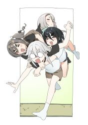 &gt;_&lt; 4girls akiyama_haruno amamiya_satsuki_(mono) arms_around_neck black_hair black_shirt blush bow brown_hair brown_overalls brown_shorts carrying closed_eyes dot_nose full_body gradient_background green_background grey_hair hair_between_eyes hair_bow highres indoors kiriyama_an long_hair medium_hair mono_(afro) multiple_girls o_o oekakikujira open_mouth outside_border outstretched_arms overall_shorts overalls piggyback raglan_sleeves shikishima_sakurako shirt shorts socks tatami thick_eyebrows turn_pale wavy_hair white_background white_shirt white_socks