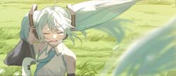 1girl ahoge aqua_hair aqua_necktie aqua_trim arm_tattoo bare_shoulders black_sleeves blurry blurry_foreground closed_eyes collared_shirt detached_sleeves flat_chest floating_hair grass hair_between_eyes hair_ornament hand_on_headphones hatsune_miku headset highres long_hair long_sleeves music necktie number-only_commentary number_tattoo open_mouth shirt singing tattoo tie_clip twintails upper_body very_long_hair vocaloid white_shirt wide_sleeves wind wing_collar yananami_(numata220)