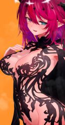 1girl absurdres aqua_eyes black_cape black_dress black_halo black_horns blush breasts cape dress fang fanged_bangs fingernails getto groin hair_between_eyes halo hetero highres hololive hololive_english horns irys_(hololive) large_breasts long_hair multicolored_hair nail_polish open_mouth orange_background pink_eyes pink_hair pink_nails pointy_ears simple_background skin_fang smile solo steaming_body streaked_hair virtual_youtuber white_halo