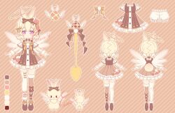 Rule 34 | 1girl, animal ear fluff, animal ears, asymmetrical legwear, bare shoulders, blonde hair, bloomers, bow, bowtie, brown background, brown shoes, brown thighhighs, closed mouth, color guide, commentary request, dress, easter egg, egg, flat color, flower, frilled dress, frills, full body, fur-trimmed thighhighs, fur trim, fur wrist cuffs, hair bow, hair flower, hair ornament, high heels, hyou (pixiv3677917), looking at viewer, mismatched legwear, multiple views, off-shoulder dress, off shoulder, original, outline, purple eyes, rabbit, rabbit ears, rabbit girl, rabbit tail, reference sheet, shoes, short hair, short sleeves, signature, smile, spoon, standing, straight-on, striped background, tail, thighhighs, underwear, white bloomers, white outline, white thighhighs, white wings, wings, wrist cuffs, yellow bow, yellow bowtie, zettai ryouiki