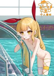 1girl absurdres arm_support asymmetrical_legwear blonde_hair blunt_bangs breasts cheek_press closers collarbone hair_ornament highres leaning_forward light_blush long_hair looking_at_viewer lucy_(closers) marshal_(artist) mismatched_legwear navel nipples nude parted_lips pool pool_ladder poolside pussy ringed_eyes sidelocks single_thighhigh skindentation small_breasts solo standing thighhighs very_long_hair wading water wet white_thighhighs yellow_eyes