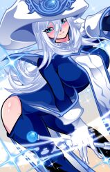 1girl absurdres aqua_marine_(aqua000marine) bad_id bad_pixiv_id blue_bodysuit blue_eyes bodysuit breasts duel_monster gloves grey_hair hair_between_eyes hat highres hip_vent holding holding_staff large_breasts leaning_forward long_hair looking_at_viewer silent_magician smile staff tabard white_gloves white_hat white_tabard wizard_hat yu-gi-oh!