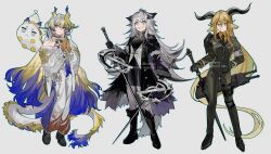 3girls absurdly_long_hair animal_ears arknights armband bare_shoulders bell black_dress black_footwear black_hair black_necktie black_shirt blonde_hair blue_hair boots bowl collared_shirt colored_skin colored_tips commentary degenbrecher_(arknights) dragon_bubble_(arknights) dragon_girl dragon_horns dragon_tail dress english_commentary formal_clothes goat_ears goat_girl goat_horns grey_background grey_eyes grey_hair grin hair_bell hair_ornament hair_stick holding holding_sword holding_weapon horns jacket jewelry kjerag_logo knee_boots lappland_(arknights) lappland_(refined_horrormare)_(arknights) long_hair looking_at_viewer multicolored_hair multiple_girls necklace necktie orange_shirt pants pointy_ears praying rapier rice_bowl scar scar_across_eye scar_on_face shirt shu_(arknights) simple_background smile suit sword tail very_long_hair vest weapon white_jacket white_pants white_vest xian_meng_huanyou_ji yellow_skin