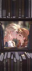 2girls anna_(frozen) blonde_hair blue_eyes braid chinese_commentary closed_eyes commentary_request elsa_(frozen) freckles frozen_(disney) hand_in_another&#039;s_hair highres incest indoors kiss kiyomai library light_particles long_hair multiple_girls orange_hair siblings sisters twin_braids yuri