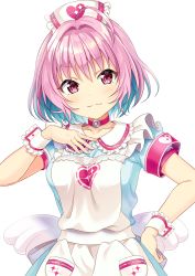 1girl :3 ahoge apron armband blue_hair blue_shirt blue_skirt blush breasts closed_mouth collarbone collared_shirt commentary_request female_focus frilled_shirt_collar frills hair_between_eyes hair_intakes hand_on_own_chest hand_on_own_hip hand_up hat head_tilt heart highres idolmaster idolmaster_cinderella_girls looking_at_viewer medium_breasts multicolored_hair nurse_cap pink_hair puffy_short_sleeves puffy_sleeves red_eyes shirt short_sleeves simple_background skirt smile solo two-tone_hair white_apron white_background white_hat wrist_cuffs yumemi_riamu yuusa