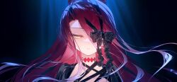 1girl blue_background choker fate/grand_order fate_(series) floating_hair game_cg hair_between_eyes hair_ornament half-closed_eyes hotosoka large_variant_set long_hair official_art one_eye_covered portrait red_hair ribbon solo third-party_source typhon_ephemeros_(fate) typhon_ephemeros_(second_ascension)_(fate) variant_set yellow_eyes