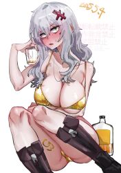 1girl ass bibie307 bikini blush boots breasts cleavage cup dated drunk goddess_of_victory:_nikke gold_bikini golden_week grey_hair hair_between_eyes hair_ornament hairclip highres holding holding_cup jewelry large_breasts long_hair messy_hair necklace scotch_whisky sharp_teeth shiny_skin simple_background sitting solo swimsuit teeth underboob white_background yellow_eyes yulha_(nikke)