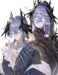 1boy 1girl ^_^ ambience_synesthesia arknights behind_another blue_hair brown_gloves closed_eyes closed_mouth commentary earrings elbow_gloves gloves gold gold_necklace grey_hair hair_between_eyes heart jewelry laqeramaline_(arknights) logos_(arknights) logos_(radiant_serenity)_(arknights) long_bangs long_hair mole mole_under_eye mother_and_son necklace official_alternate_costume pimi pointy_ears simple_background smile strap upper_body white_background