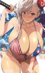 1girl 2boys american_flag american_flag_bikini american_flag_print asymmetrical_hair bent_over bikini blue_eyes blush breasts cleavage fate/grand_order fate_(series) flag_print flag_print_bikini hair_bun highres huge_breasts kloah long_hair looking_at_viewer miyamoto_musashi_(fate) miyamoto_musashi_(fate/grand_order) miyamoto_musashi_(swimsuit_berserker)_(fate) miyamoto_musashi_(swimsuit_berserker)_(second_ascension)_(fate) multi-strapped_bikini multi-strapped_bikini_bottom multiple_boys print_bikini shiny_skin single_hair_bun single_side_bun single_sidelock skindentation smile solo_focus standing swept_bangs swimsuit tan tanline white_hair