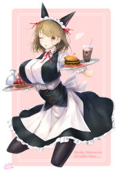 Rule 34 | 1girl, absurdres, alternate costume, animal ears, apron, back bow, belt, belt around waist, belt buckle, black pantyhose, black skirt, bow, breasts, brown hair, buckle, burger, buttons, cake, cat ears, cola, collar, dress, enmaided, fake animal ears, food, frilled collar, frilled dress, frilled hairband, frilled skirt, frills, fruit, hairband, highres, holding, holding tray, huge breasts, impossible clothes, in-franchise crossover, long skirt, maid, maid apron, maid headdress, mayqueen maid uniform, narusawa ryouka, occultic;nine, one eye closed, pantyhose, puffy short sleeves, puffy sleeves, red ribbon, ribbon, ribbon-trimmed collar, ribbon-trimmed corset, ribbon-trimmed hairband, ribbon-trimmed sleeves, ribbon trim, science adventure, shiny lips, short sleeves, skirt, solo, spread legs, steins;gate, strawberry, swept bangs, tray, white apron, white belt, white bow, white dress, wrist cuffs, yakku