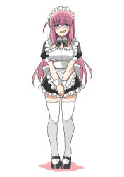 1girl apron black_dress blue_eyes bocchi_the_rock! dora_v_nu dress full_body gotoh_hitori highres maid maid_apron maid_headdress nervous_smile nervous_sweating one_side_up open_mouth pink_hair puffy_short_sleeves puffy_sleeves short_dress short_sleeves smile solo sweat thighhighs white_thighhighs wrist_cuffs zettai_ryouiki