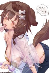 2girls @_@ animal_ears aoi_yoroyoro ass bent_over bikini bikini_under_clothes blue_pants blush bone_hair_ornament breasts brown_eyes brown_hair brown_tail cat_tail cowboy_shot denim dog_ears dog_girl dog_tail feet_out_of_frame gold_bikini golden_week hair_ornament highres hololive inugami_korone large_breasts missing_commentary multiple_girls nekomata_okayu open_clothes open_shirt pants purple_tail see-through_clothes see-through_shirt shirt simple_background single_bare_shoulder single_off_shoulder solo_focus spoken_blush swimsuit tail twitter_username virtual_youtuber white_background white_shirt yuri