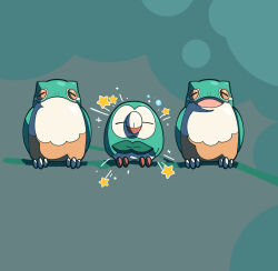 Rule 34 | absurdres, alternate color, bird, branch, character request, closed eyes, closed mouth, commentary, crossover, facing viewer, gen 7 pokemon, highres, monster hunter (series), monster hunter wilds, nintendo, no humans, on branch, pokemon, pokemon (creature), rowlet, shiny pokemon, star (symbol), symbol-only commentary, toucho3691