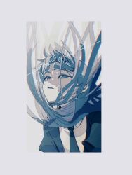 Rule 34 | 1other, blue eyes, blue hair, floating hair, formal clothes, gem uniform (houseki no kuni), grey background, houseki no kuni, lapis lazuli (houseki no kuni), long hair, looking at viewer, mt5 014, necktie, other focus, parted lips, simple background, solo, suit, upper body, very long hair