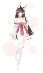 1girl aged_up alternate_breast_size animal_ears azur_lane bare_shoulders blush breasts brown_hair cleavage commentary_request detached_sleeves dress fox_ears full_body hair_ornament hand_up highres hip_focus large_breasts livetarica long_hair looking_at_viewer nagato_(azur_lane) red_dress short_dress skindentation solo standing standing_on_one_leg strapless strapless_dress thighs very_long_hair wide_sleeves yellow_eyes