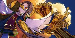 1girl beak bird_girl blush_stickers brown_hair cloud crossover dress flying grey_dress highres in-franchise_crossover long_hair medli midair nintendo parted_lips pearjarrr ponytail red_eyes rito solo tabard the_legend_of_zelda the_legend_of_zelda:_breath_of_the_wild the_legend_of_zelda:_the_wind_waker vah_medoh very_long_hair winged_arms wings