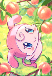 1119mna 1girl absurdres animal_ears blush_stickers chibikemo commentary_request creature creature_focus food fruit furry furry_female grass highres hooves leaf looking_up momotchi outdoors peach pink_fur smile solo tail tamagotchi tamagotchi:_happiest_story_in_the_universe! tamagotchi:_the_movie tamagotchi_(creature) tree
