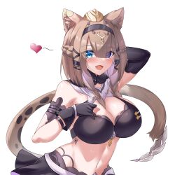 1girl absurdres animal_ears arm_behind_head bikini bikini_top_only black_gloves blue_eyes blush braid breasts brown_hair cat_ears cat_girl cat_tail chinese_commentary cleavage commentary_request commission fang gloves heart heterochromia highres honkai_(series) honkai_impact_3rd large_breasts looking_at_viewer medium_hair midriff navel open_mouth pardofelis pengzlp skin_fang swimsuit tail