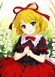 1girl back_bow black_shirt blonde_hair blue_eyes blush bow bubble_skirt closed_mouth collared_shirt commentary_request flower frilled_shirt_collar frills hair_ribbon highres lily_of_the_valley looking_at_viewer medicine_melancholy medium_hair mist9801km puffy_short_sleeves puffy_sleeves red_ribbon red_skirt ribbon ribbon-trimmed_shirt ribbon_trim shirt short_sleeves skirt smile solo touhou white_bow white_flower