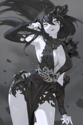 Rule 34 | 1girl, :3, absurdres, armpits, bare shoulders, black bow, black dress, black gloves, black hair, black nails, bow, breasts, cleavage, commentary, cowboy shot, debris, double-parted bangs, dress, elbow gloves, english commentary, fingerless gloves, gloves, grey background, grey eyes, hair between eyes, hand up, highres, large breasts, leg up, long hair, muted color, ori dal, original, pale skin, parted lips, rock, sideboob, sleeveless, sleeveless dress, smile, solo, torn clothes, torn gloves, wind, wind lift