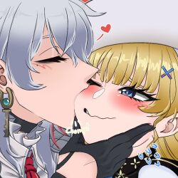 2girls biting biting_cheek black_gloves blue_eyes blush commentary earrings flying_sweatdrops gloves grabbing_another&#039;s_chin grey_hair hair_ornament half_gloves hand_on_another&#039;s_chin hat heart jewelry key_earrings mole mole_under_eye multiple_girls phoebe_(wuthering_waves) smile wavy_mouth white_hat wolfjunji wuthering_waves x_hair_ornament zani_(wuthering_waves)