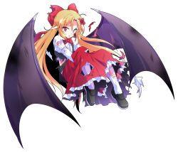 1girl :o alphes_(style) bat_wings black_shoes black_vest black_wings blonde_hair bow bowtie commentary_request dairi elis_(touhou) facial_mark flower frilled_skirt frills full_body hair_bow hair_flower hair_ornament loafers long_hair long_sleeves mark_under_eye open_clothes open_mouth open_vest pantyhose parody pointy_ears purple_eyes red_bow red_bowtie red_flower red_skirt shirt shoes simple_background skirt solo star_(symbol) star_facial_mark style_parody sweatdrop tachi-e torn_bow torn_clothes torn_shirt torn_skirt touhou touhou_(pc-98) transparent_background very_long_hair vest white_pantyhose white_shirt wings