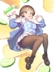 1girl absurdres amigo_(hua_cao) ass blush breasts brown_eyes brown_hair brown_pantyhose chips_(food) floating food food_in_mouth full_body highres jacket large_breasts looking_at_viewer mole mole_under_mouth original pantyhose pickle ponytail smile thighs