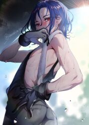 1boy black_gloves black_tank_top blue_hair blush commentary_request eyelashes gloves grey_pants gundam gundam_gquuuuuux hair_between_eyes hand_on_own_hip ikezaki_misa male_focus multicolored_hair pants red_eyes red_hair shuji_ito solo sweat tank_top towel towel_around_neck twitter_username