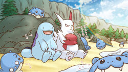 Rule 34 | :&lt;, :d, arrow (symbol), black eyes, blurry, closed mouth, cloud, commentary request, gen 2 pokemon, gen 3 pokemon, hiraisaki, nintendo, open mouth, pink eyes, pokemon, pokemon (creature), pokemon focus, quagsire, rock, sand, shore, sitting, sky, smile, solid circle eyes, spheal, tongue, translation request, tree, white fur, zangoose