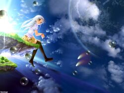 1girl artist_request bubble character_request cloud copyright_request highres long_hair long_sleeves looking_at_viewer non-web_source open_mouth planet simple_background sky smile solo source_request translation_request white_background white_hair