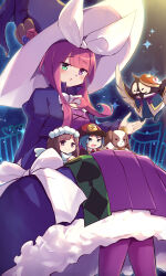 absurdres black_dress character_request dress duel_monster green_eyes group_picture hat heterochromia highres invisible_chair kanzakietc madolche_magileine night purple_eyes sitting solo_focus witch witch_hat yu-gi-oh!