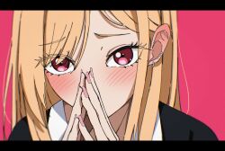 1girl barbell_piercing blonde_hair blush close-up covering_own_mouth ear_piercing earrings fake_nails hoop_earrings jewelry kitagawa_marin letterboxed long_hair looking_at_viewer nail_polish own_hands_together piercing pink_background pink_eyes pink_nails portrait simple_background solo sono_bisque_doll_wa_koi_wo_suru uta_kun