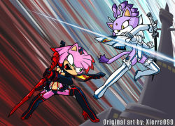 2girls amy_rose animal_ears animal_nose blaze_the_cat breasts cat cosplay crossover fighting furry green_eyes hedgehog junketsu kill_la_kill kiryuuin_satsuki kiryuuin_satsuki_(cosplay) matoi_ryuuko matoi_ryuuko_(cosplay) midriff multiple_girls pink_fur ponytail purple_fur sega senketsu sonic_(series) sword thighhighs watermark weapon xierra099 yellow_eyes