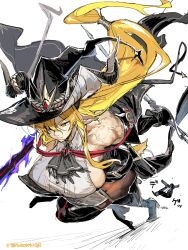 1girl 1other arknights blonde_hair boots breasts degenbrecher_(arknights) degenbrecher_(the_shadow_of_the_dark_moon)_(arknights) doctor_(arknights) dual_wielding floating_hair full_body hat high_heel_boots high_heels highres holding huge_breasts long_hair mutomorokoshi running sideboob solo_focus veins veiny_arms very_long_hair white_background witch_hat