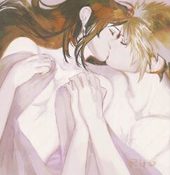 Rule 34 | 1boy, 1girl, artist name, black hair, blonde hair, closed eyes, cloud strife, collarbone, couple, cuddling, earrings, facing another, facing to the side, final fantasy, final fantasy vii, hashtag-only commentary, hetero, jewelry, kiss, long hair, lying, on back, scar, scar on chest, spiked hair, tifa lockhart, topless female, topless male, tori (labyrinth fft), under covers, upper body