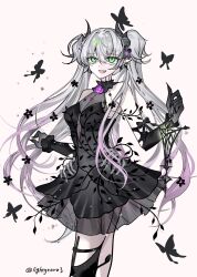 1girl bare_shoulders black_dress black_gloves detached_sleeves dress fate/grand_order fate_(series) gloves gradient_hair green_eyes grey_hair hair_between_eyes highres holding lilith_(fate) long_hair looking_at_viewer multicolored_hair official_alternate_costume pink_hair smile solo twintails twitter_username two-tone_hair very_long_hair white_background xixing_chun