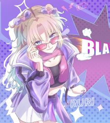 1girl above_cleavage_cutout blast!!_(love_live!) blonde_hair blue_background blue_eyes blue_hair bow brown-framed_eyewear caricariume character_name collarbone collared_jacket commentary_request cowboy_shot cropped_jacket curtained_hair drop_shadow glasses gradient_background gradient_hair grin hair_bow hair_ornament heart heart_hair_ornament highres jacket link!_like!_love_live! long_sleeves looking_at_viewer love_live! midriff miniskirt multicolored_hair navel official_alternate_costume open_clothes open_jacket osawa_rurino parted_bangs parted_hair pink-tinted_eyewear pink_shirt puffy_long_sleeves puffy_sleeves purple_background purple_bow purple_jacket purple_skirt shirt skirt smile solo song_name sparkle thumbnail_collage tinted_eyewear twintails virtual_youtuber