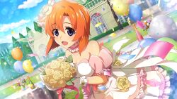 1girl :d balloon blue_eyes bouquet breasts cleavage collarbone confetti cowboy_shot cup day dress drinking_glass dutch_angle flower frilled_dress frills game_cg gloves hair_flower hair_ornament highres higurashi_no_naku_koro_ni higurashi_no_naku_koro_ni_mei holding holding_bouquet lens_flare medium_breasts non-web_source off-shoulder_dress off_shoulder official_art on_grass open_mouth orange_hair outdoors rose ryuuguu_rena short_hair smile solo standing wedding_dress white_dress white_flower white_gloves white_rose yellow_flower yellow_rose