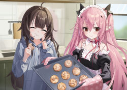 2girls absurdres ahoge blue_hoodie brown_hair character_request closed_eyes cookie eating fengxue food hair_between_eyes highres hood hoodie kitchen krul_tepes light_blush maid multiple_girls owari_no_seraph pink_hair pointy_ears red_eyes sink smile window