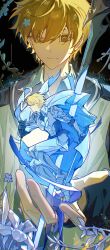 010-ddd 2boys absurdres arm_armor armor armored_boots black_background black_gloves blonde_hair blue_cape blue_eyes blue_flower blue_ribbon boots bracer breastplate cape chinese_commentary closed_mouth collared_shirt dual_persona flower gauntlets gloves greaves hair_between_eyes highres holding holding_mini_person holding_sword holding_weapon huang_shaotian huang_shaotian_(troubling_rain) knight leg_armor looking_at_another looking_at_viewer male_focus mini_person miniboy multiple_boys official_alternate_costume pauldrons quan_zhi_gao_shou ribbon shirt short_hair shoulder_armor sword weapon white_armor white_shirt yellow_eyes
