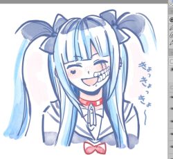 amemiya_darumi black_hair blue_hair closed_eyes collarbone face_piercing heart japanese_text lip_piercing long_hair makeup mei_guchuan multicolored_hair open_mouth piercing runny_makeup safety_pin simple_background the_hundred_line_-last_defense_academy- translation_request twintails upper_body white_background