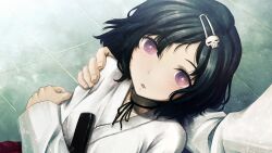 Rule 34 | 2boys, black hair, blush, bob cut, chihaya (clothing), choker, coat, collarbone, exhausted, eyelashes, fingernails, from above, game cg, hair ornament, hairclip, hakama, hakama skirt, highres, huke, japanese clothes, kosode, lab coat, leaning on person, long sleeves, looking at viewer, lying, lying on lap, lying on person, miko, multiple boys, non-web source, official art, okabe rintarou, on back, on lap, open mouth, pink eyes, red hakama, ribbon choker, ribbon trim, ringed eyes, skirt, skull hair ornament, square pupils, steins;gate, steins;gate: my darling&#039;s embrace, tongue, trap, urushibara luka, white coat, wide sleeves