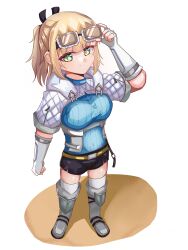 1girl absurdres black_shorts blonde_hair bodysuit boots clothing_cutout goggles green_eyes h_ans_(hmn_anz) heaven_burns_red highres nanase_nanami_(heaven_burns_red) navel_cutout ribbon short_hair shorts solo