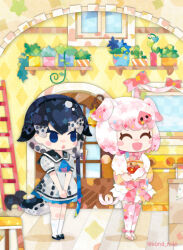 2girls animal_ears black_eyes black_hair bow bowtie cafe cetacean_tail dolphin_girl dress extra_ears fins fish_tail hair_ornament kemono_friends kikuchi_milo long_hair multiple_girls narwhal_(kemono_friends) pig_(kemono_friends) pig_ears pig_girl pink_hair sailor_dress shoes short_hair skirt socks tail thighhighs