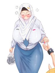 2girls alv4febrian ayuu_(alv4febrian) bag blue_necktie blue_skirt breasts closed_eyes glasses highres hijab huge_breasts indonesian_flag indonesian_high_school_uniform multicolored_nails multiple_girls necktie original round_eyewear school_uniform shirt shopping_bag simple_background skirt solo_focus white_background white_hijab white_shirt